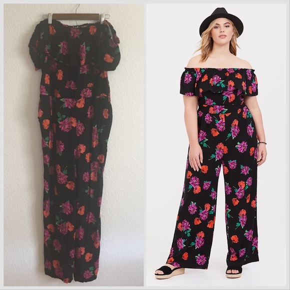 torrid Pants - Torrid Black Floral Off The Shoulder Challis Jumpsuit 3